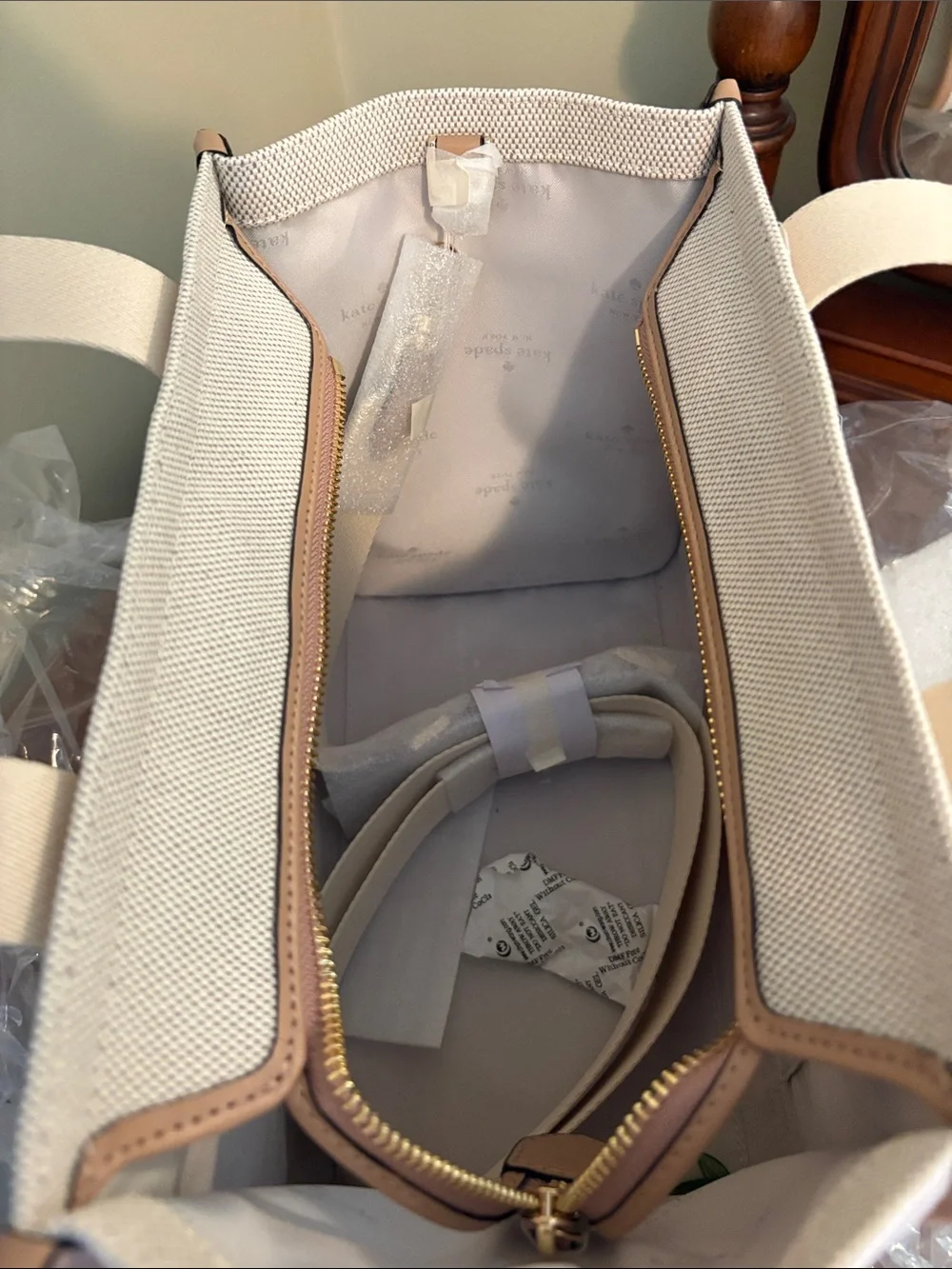 kate spade Cream and Blush Canvas Tote with Branded Straps